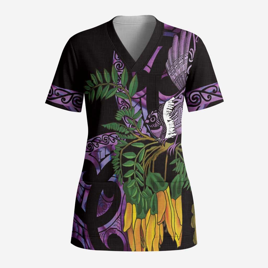 Purple New Zealand Kowhai And Piwakawaka Scrub Top Maori Ngaru Paua Shell - Aussie Hoodie