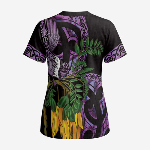 Purple New Zealand Kowhai And Piwakawaka Scrub Top Maori Ngaru Paua Shell - Aussie Hoodie
