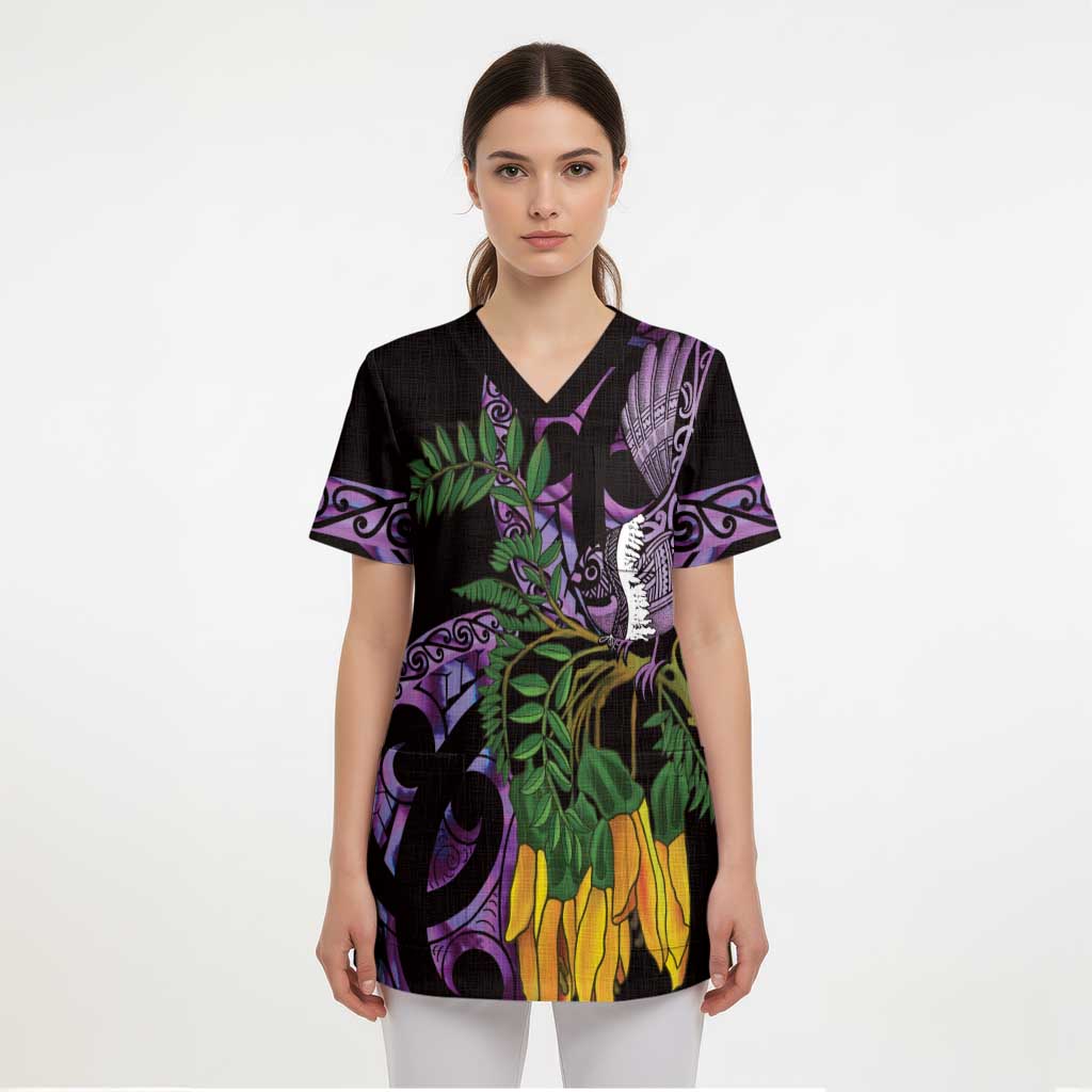 Purple New Zealand Kowhai And Piwakawaka Scrub Top Maori Ngaru Paua Shell - Aussie Hoodie