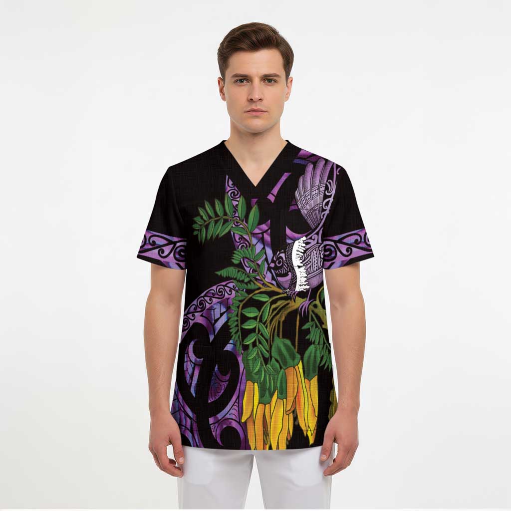 Purple New Zealand Kowhai And Piwakawaka Scrub Top Maori Ngaru Paua Shell - Aussie Hoodie