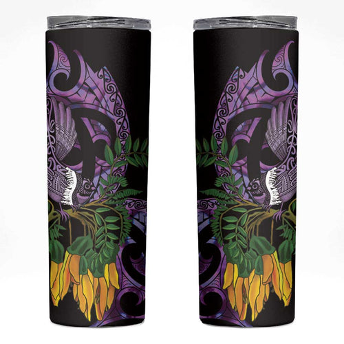 Purple New Zealand Kowhai And Piwakawaka Skinny Tumbler Maori Ngaru Paua Shell