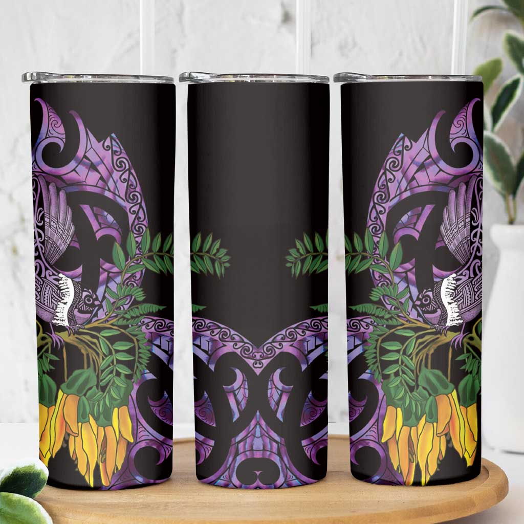 Purple New Zealand Kowhai And Piwakawaka Skinny Tumbler Maori Ngaru Paua Shell