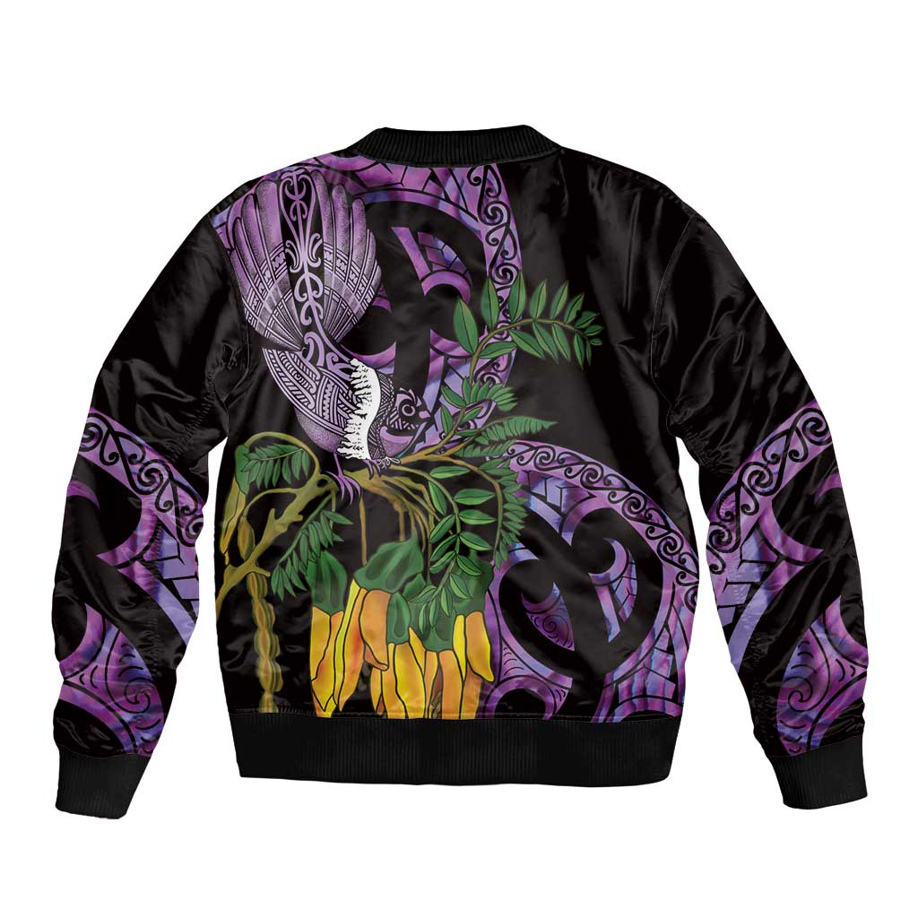 Purple New Zealand Kowhai And Piwakawaka Sleeve Zip Bomber Jacket Maori Ngaru Paua Shell