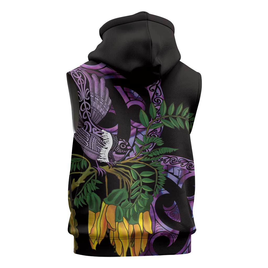 Purple New Zealand Kowhai And Piwakawaka Sleeveless Hoodie Maori Ngaru Paua Shell - Aussie Hoodie