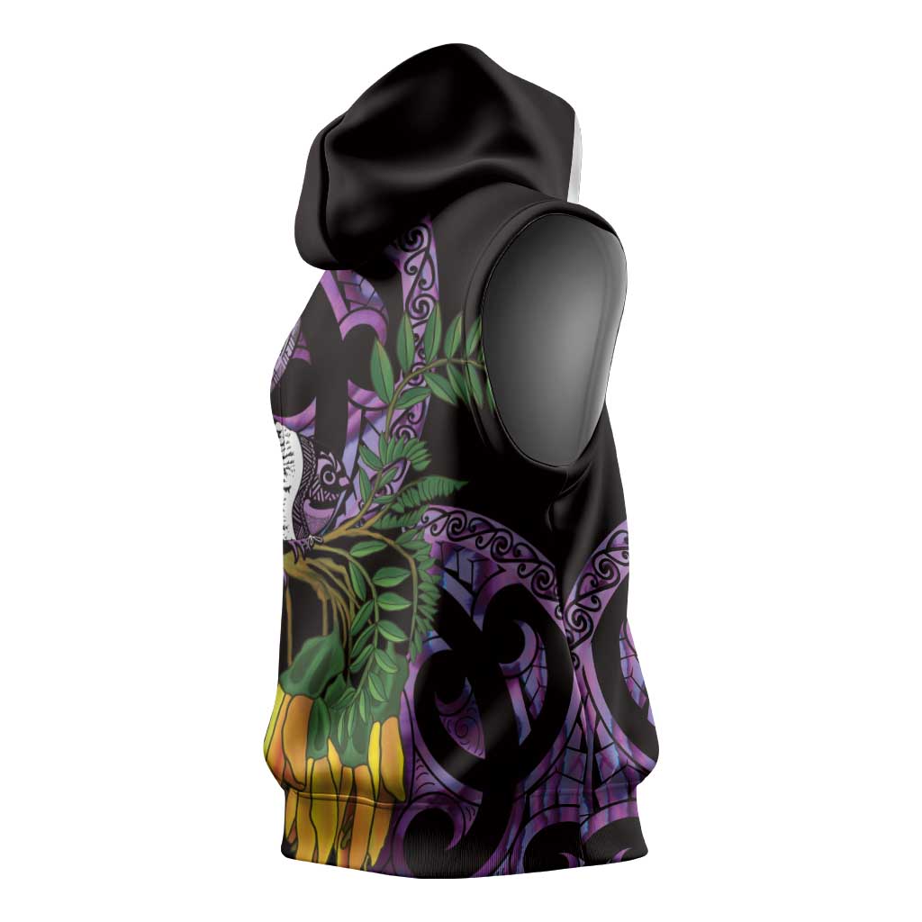 Purple New Zealand Kowhai And Piwakawaka Sleeveless Hoodie Maori Ngaru Paua Shell - Aussie Hoodie