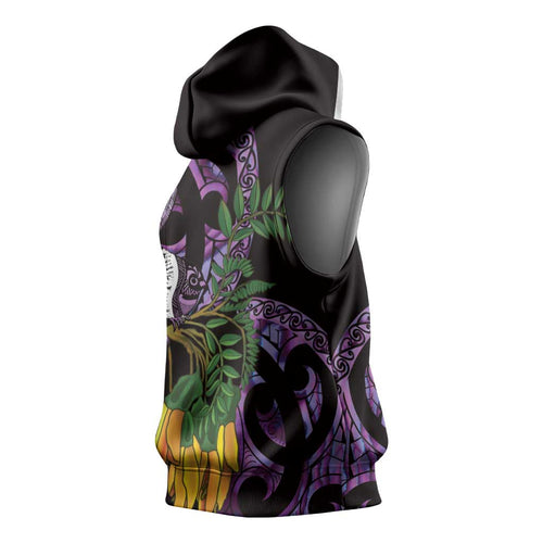 Purple New Zealand Kowhai And Piwakawaka Sleeveless Hoodie Maori Ngaru Paua Shell - Aussie Hoodie