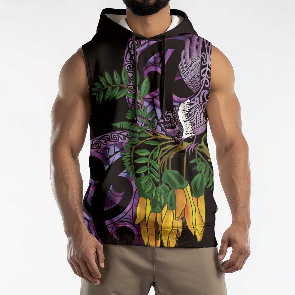 Purple New Zealand Kowhai And Piwakawaka Sleeveless Hoodie Maori Ngaru Paua Shell - Aussie Hoodie