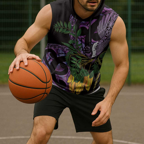 Purple New Zealand Kowhai And Piwakawaka Sleeveless Hoodie Maori Ngaru Paua Shell - Aussie Hoodie