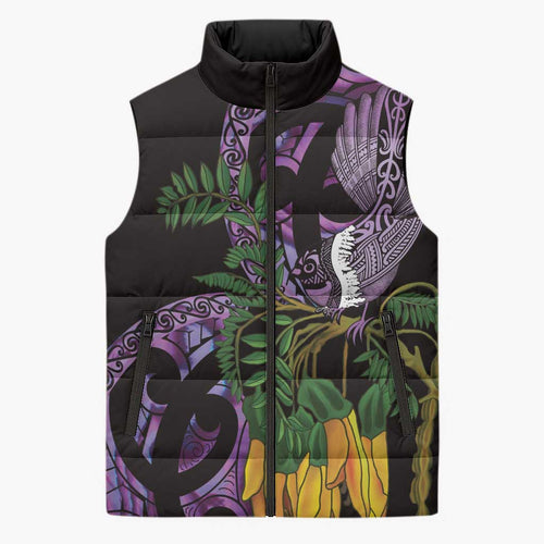 Purple New Zealand Kowhai And Piwakawaka Sleeveless Puffer Jacket Maori Ngaru Paua Shell - Aussie Hoodie