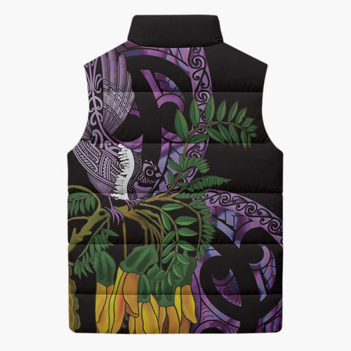 Purple New Zealand Kowhai And Piwakawaka Sleeveless Puffer Jacket Maori Ngaru Paua Shell - Aussie Hoodie