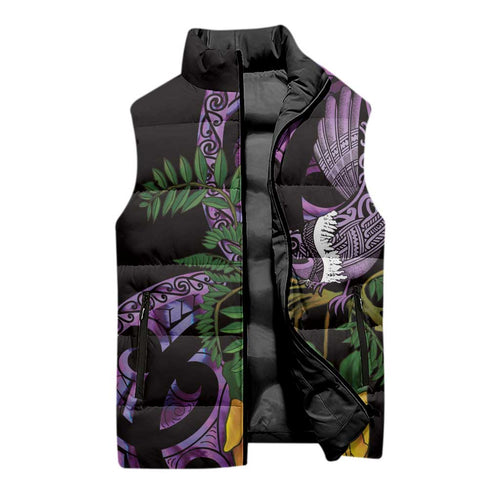 Purple New Zealand Kowhai And Piwakawaka Sleeveless Puffer Jacket Maori Ngaru Paua Shell - Aussie Hoodie