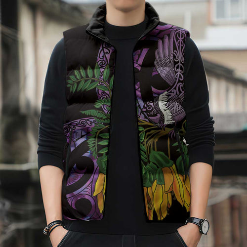 Purple New Zealand Kowhai And Piwakawaka Sleeveless Puffer Jacket Maori Ngaru Paua Shell - Aussie Hoodie