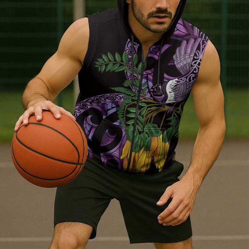 Purple New Zealand Kowhai And Piwakawaka Sleeveless Zip Hoodie Maori Ngaru Paua Shell LT14