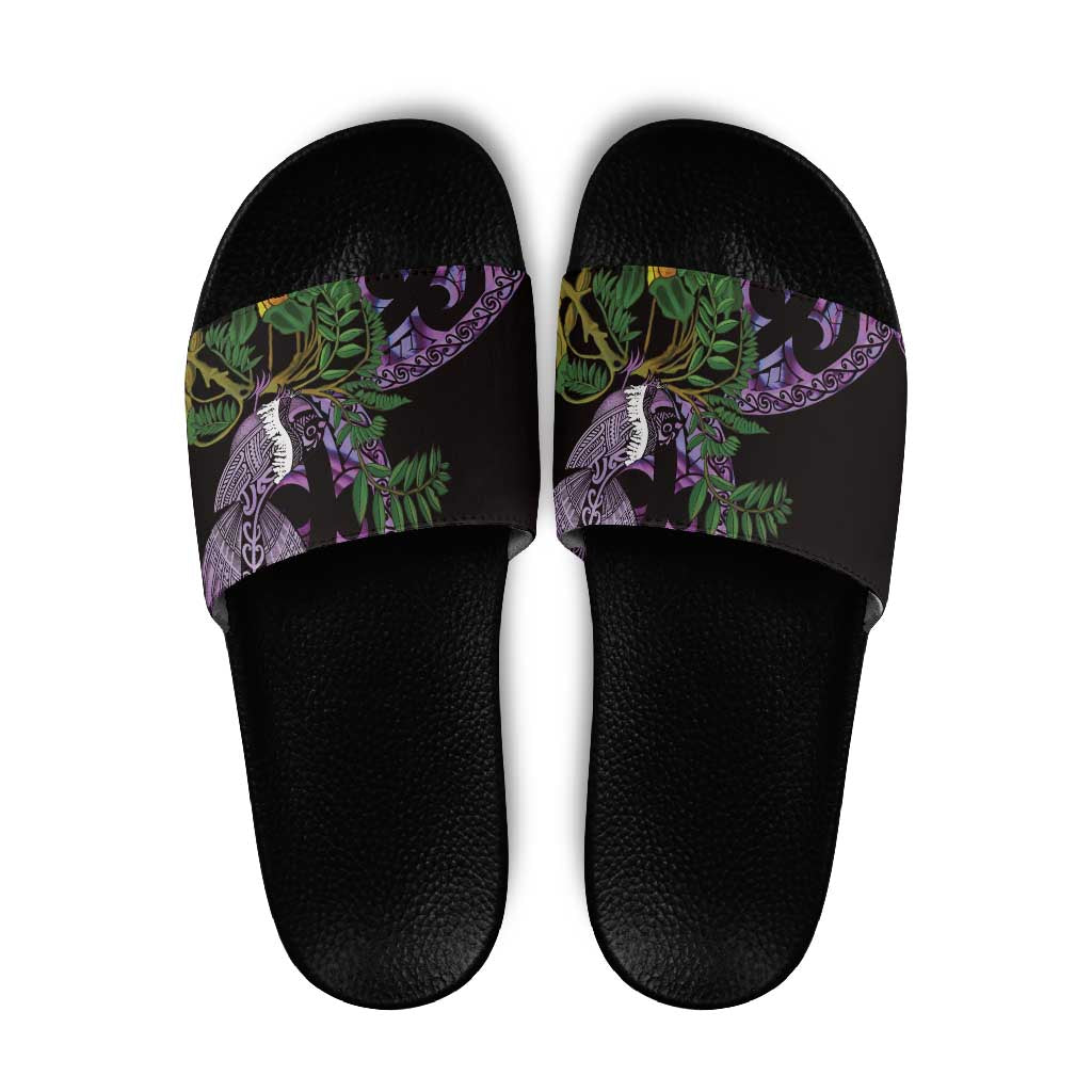 Purple New Zealand Kowhai And Piwakawaka Slide Sandals Maori Ngaru Paua Shell - Aussie Hoodie
