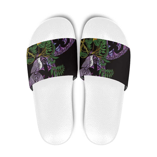Purple New Zealand Kowhai And Piwakawaka Slide Sandals Maori Ngaru Paua Shell - Aussie Hoodie