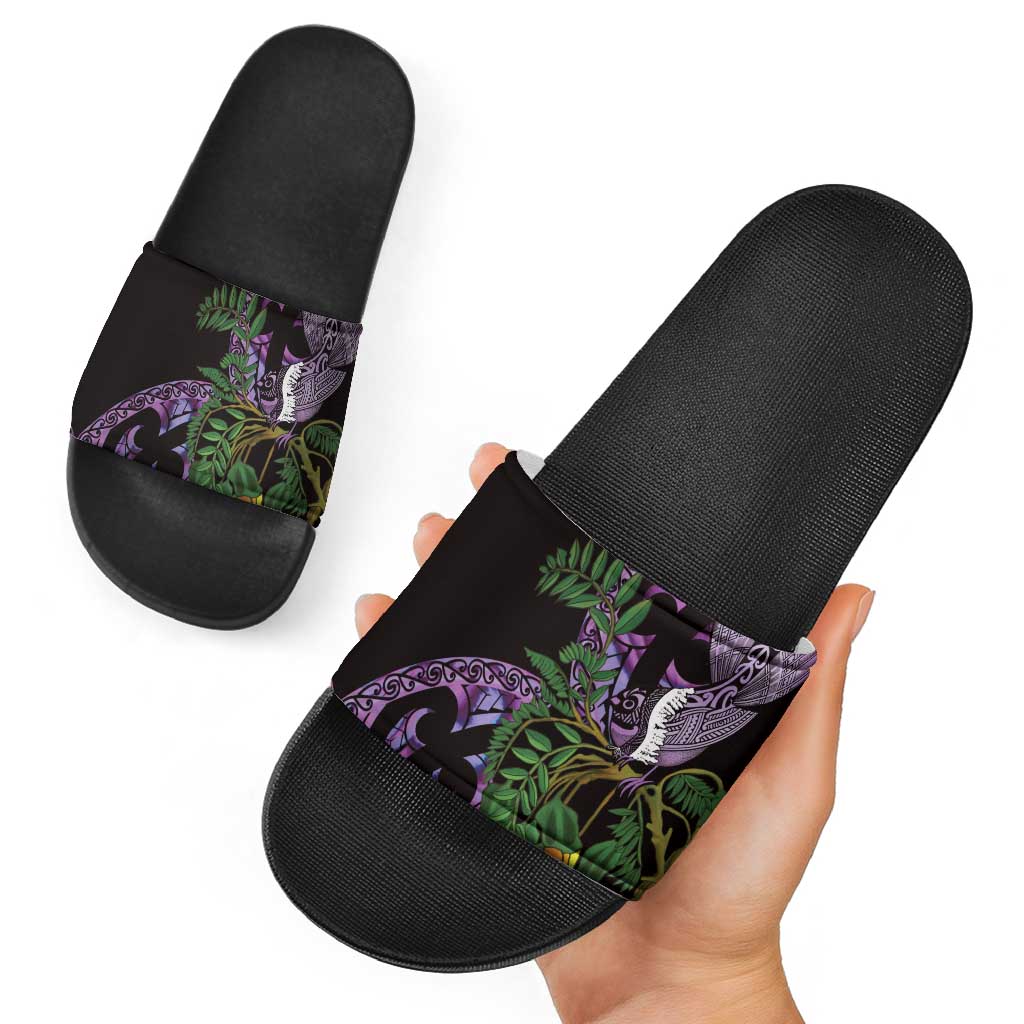 Purple New Zealand Kowhai And Piwakawaka Slide Sandals Maori Ngaru Paua Shell - Aussie Hoodie