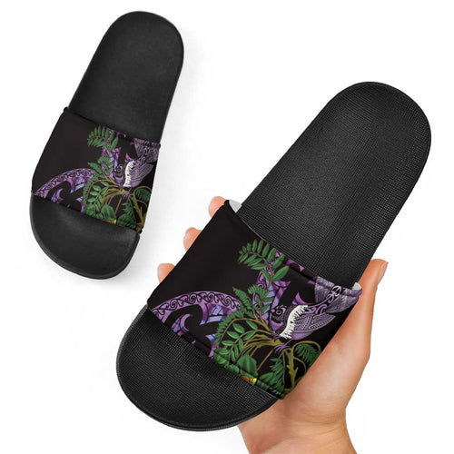 Purple New Zealand Kowhai And Piwakawaka Slide Sandals Maori Ngaru Paua Shell - Aussie Hoodie