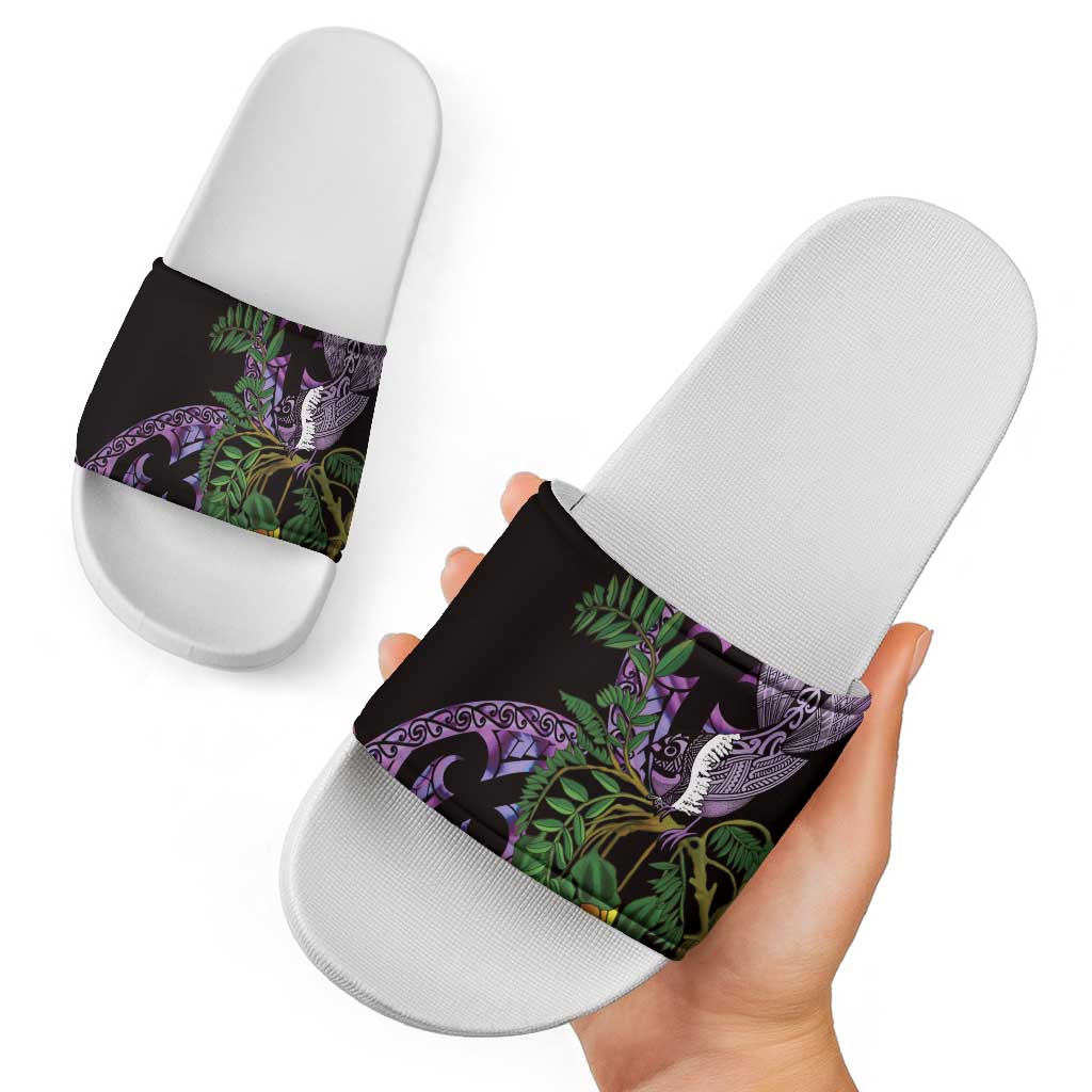 Purple New Zealand Kowhai And Piwakawaka Slide Sandals Maori Ngaru Paua Shell - Aussie Hoodie
