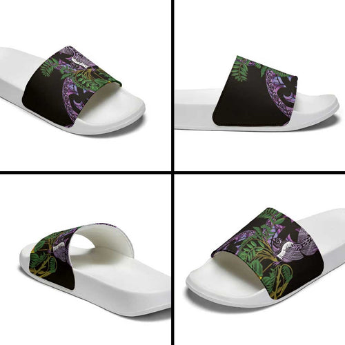 Purple New Zealand Kowhai And Piwakawaka Slide Sandals Maori Ngaru Paua Shell - Aussie Hoodie