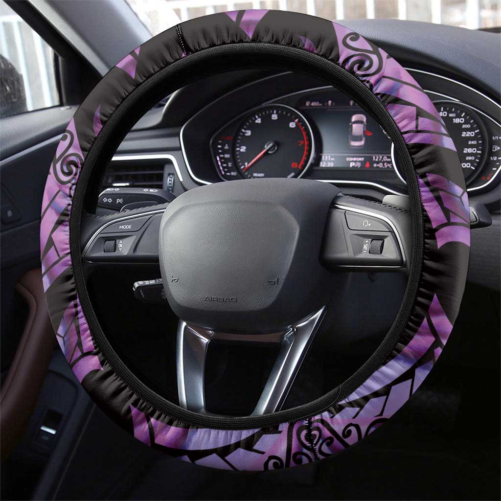 Purple New Zealand Kowhai And Piwakawaka Steering Wheel Cover Maori Ngaru Paua Shell