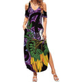 Purple New Zealand Kowhai And Piwakawaka Summer Maxi Dress Maori Ngaru Paua Shell