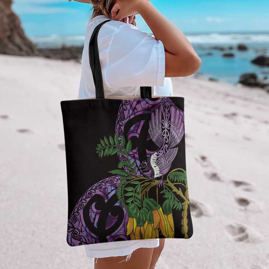 Purple New Zealand Kowhai And Piwakawaka Tote Bag Maori Ngaru Paua Shell - Aussie Hoodie