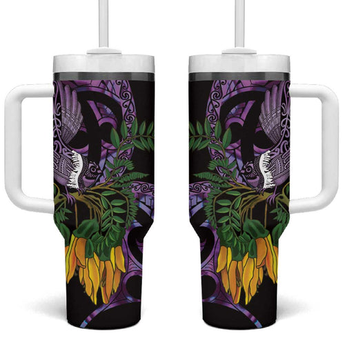 Purple New Zealand Kowhai And Piwakawaka Tumbler With Handle Maori Ngaru Paua Shell