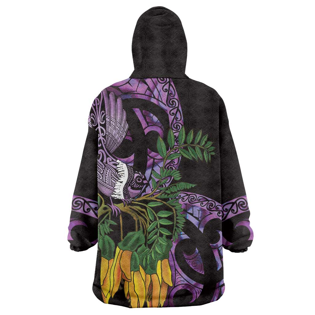 Purple New Zealand Kowhai And Piwakawaka Wearable Blanket Hoodie Maori Ngaru Paua Shell