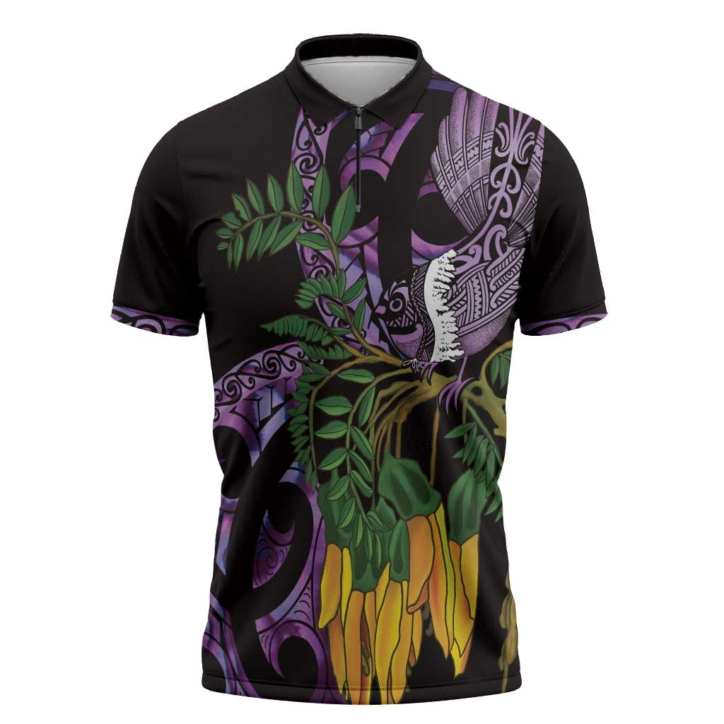 Purple New Zealand Kowhai And Piwakawaka Zipper Polo Shirt Maori Ngaru Paua Shell - Aussie Hoodie