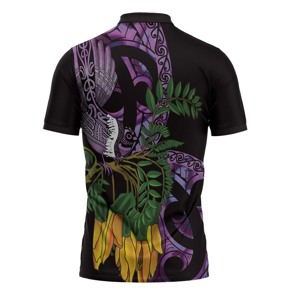 Purple New Zealand Kowhai And Piwakawaka Zipper Polo Shirt Maori Ngaru Paua Shell - Aussie Hoodie
