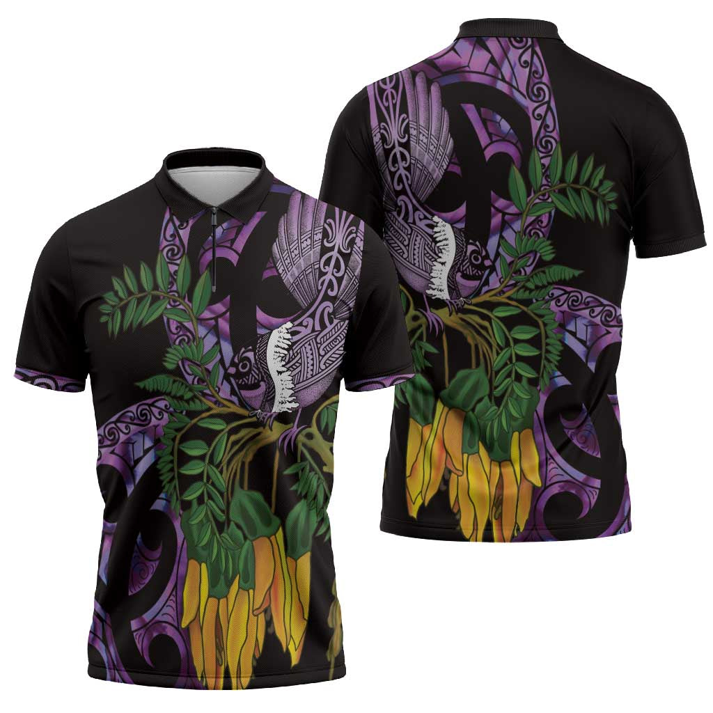 Purple New Zealand Kowhai And Piwakawaka Zipper Polo Shirt Maori Ngaru Paua Shell - Aussie Hoodie