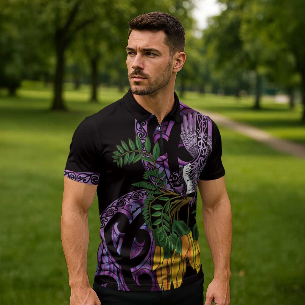 Purple New Zealand Kowhai And Piwakawaka Zipper Polo Shirt Maori Ngaru Paua Shell - Aussie Hoodie