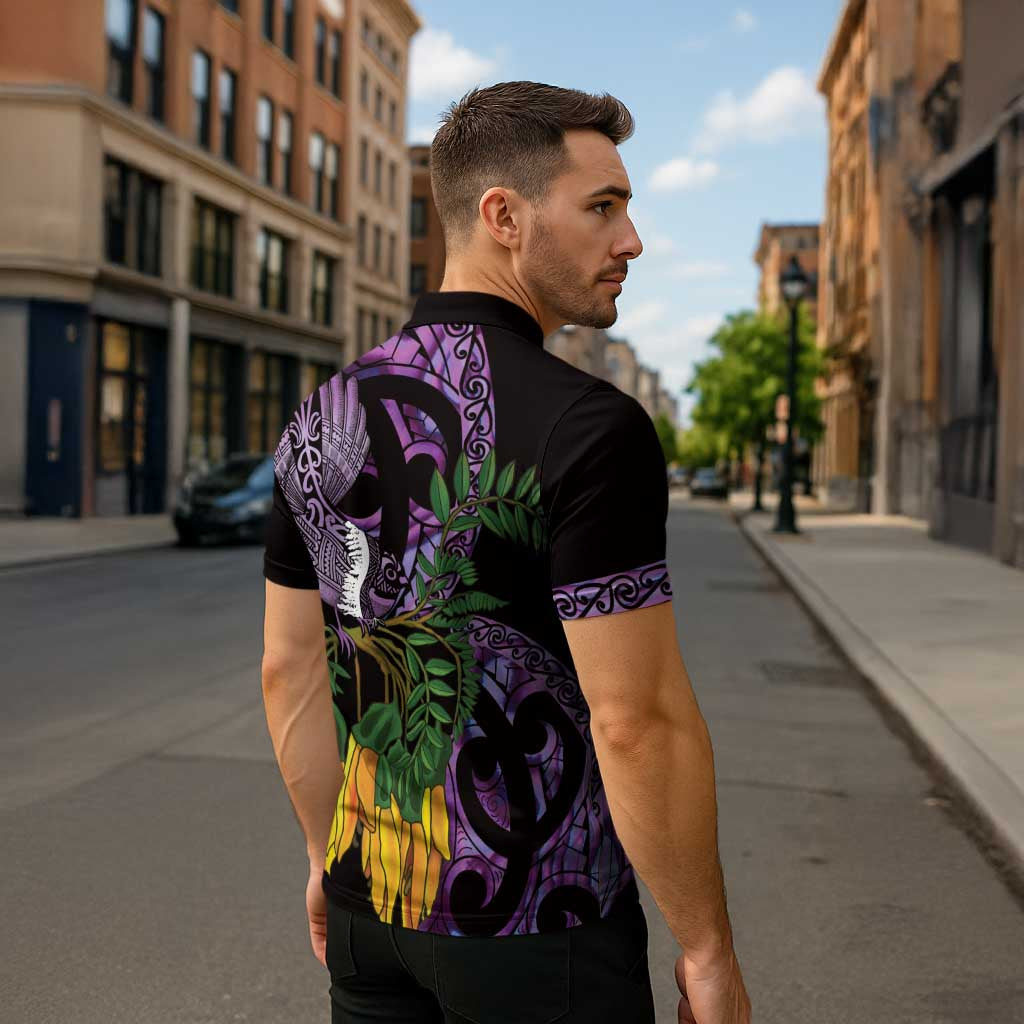 Purple New Zealand Kowhai And Piwakawaka Zipper Polo Shirt Maori Ngaru Paua Shell - Aussie Hoodie