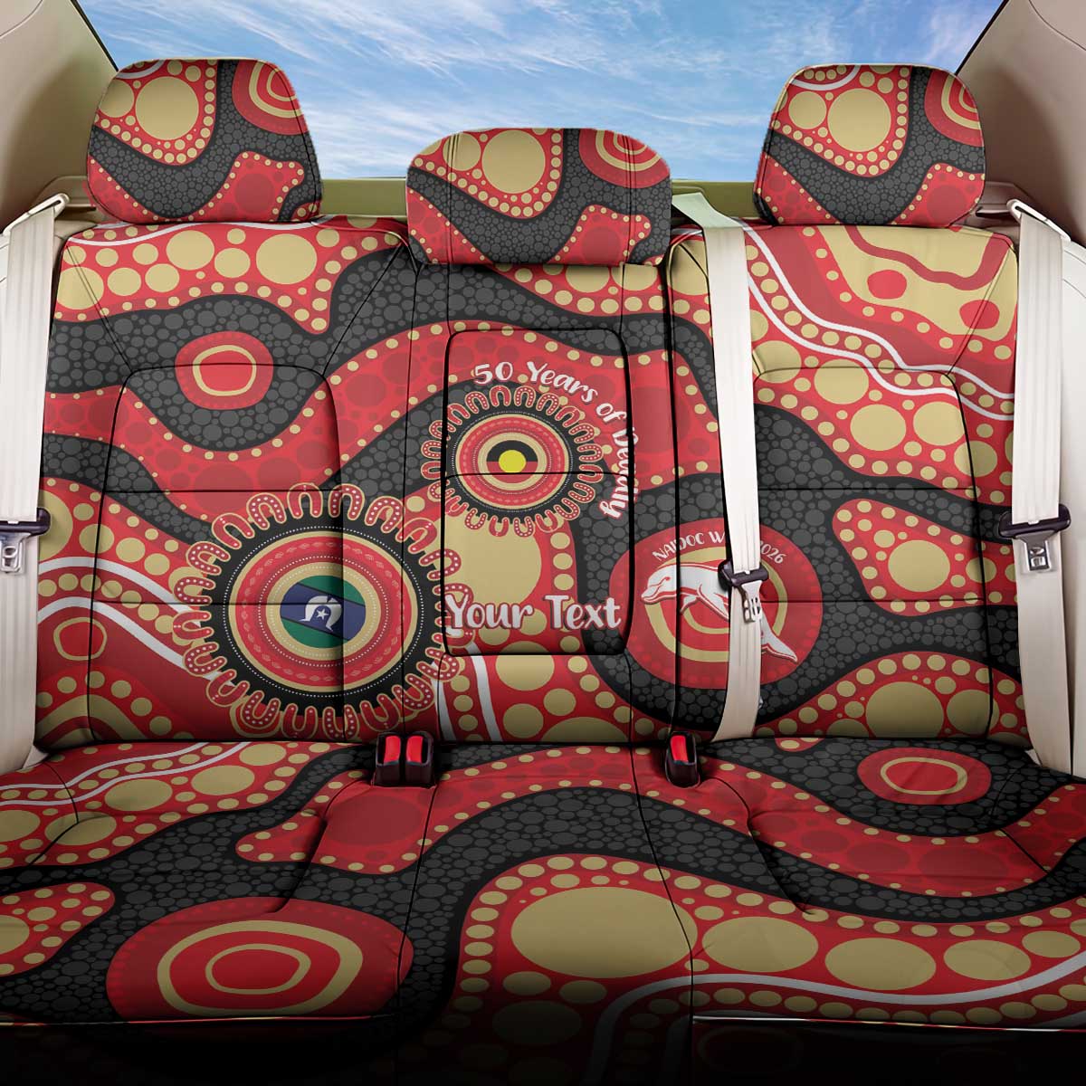 Dolphins NAIDOC Week 2026 Personalised Back Car Seat Cover 50 Years of Deadly Aboriginal Art