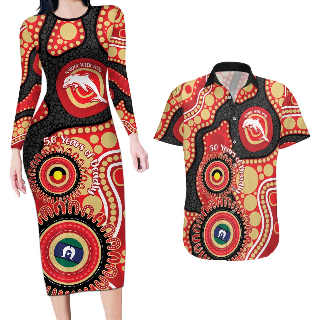 Dolphins NAIDOC Week 2026 Personalised Couples Matching Long Sleeve Bodycon Dress and Hawaiian Shirt 50 Years of Deadly Aboriginal Art