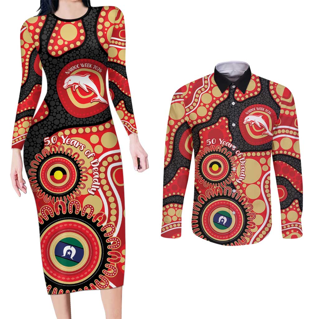 Dolphins NAIDOC Week 2026 Personalised Couples Matching Long Sleeve Bodycon Dress and Long Sleeve Button Shirt 50 Years of Deadly Aboriginal Art
