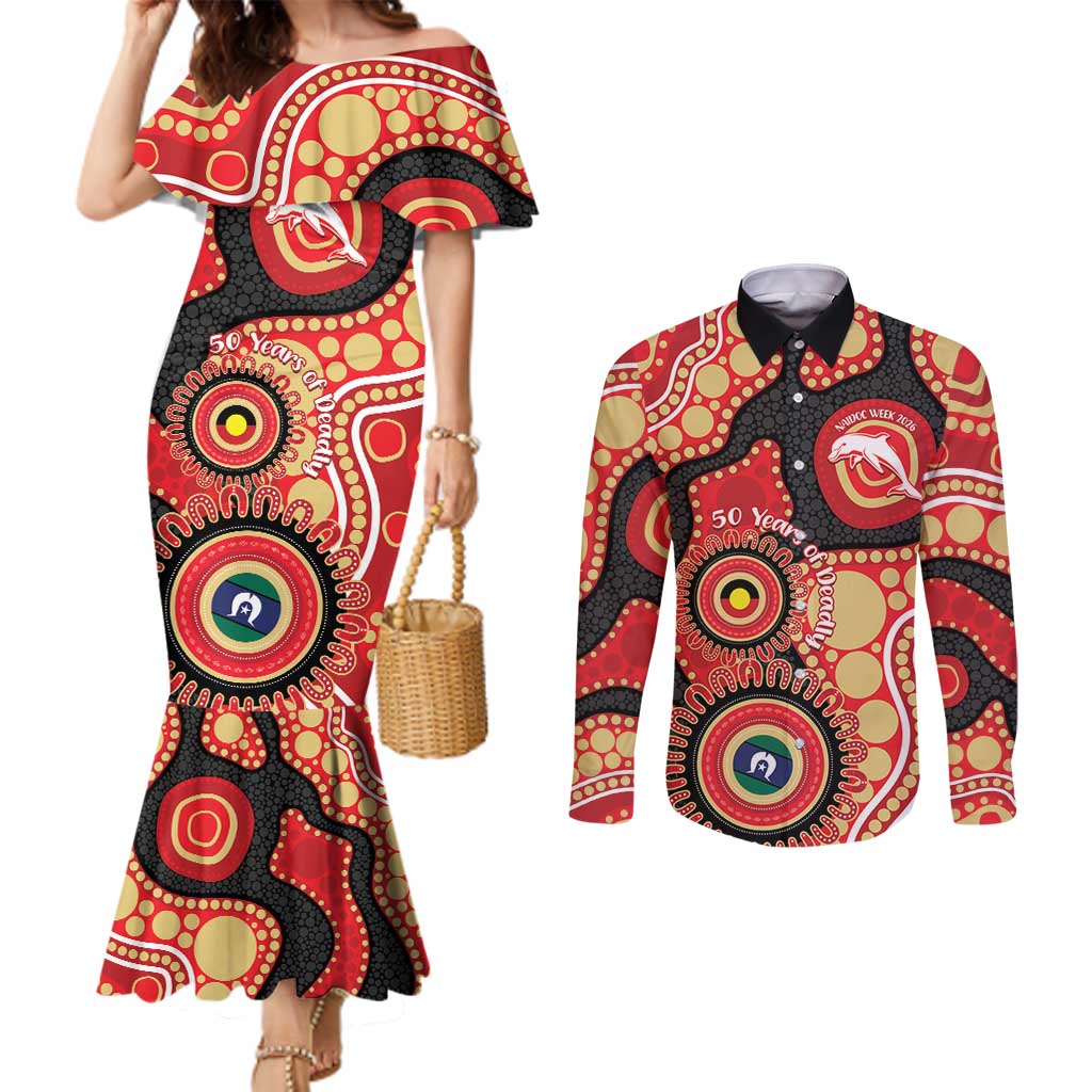 Dolphins NAIDOC Week 2026 Personalised Couples Matching Mermaid Dress and Long Sleeve Button Shirt 50 Years of Deadly Aboriginal Art