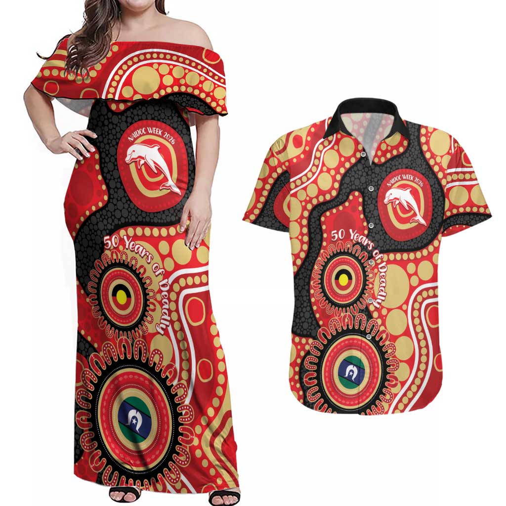 Dolphins NAIDOC Week 2026 Personalised Couples Matching Off Shoulder Maxi Dress and Hawaiian Shirt 50 Years of Deadly Aboriginal Art