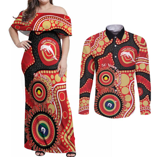 Dolphins NAIDOC Week 2026 Personalised Couples Matching Off Shoulder Maxi Dress and Long Sleeve Button Shirt 50 Years of Deadly Aboriginal Art