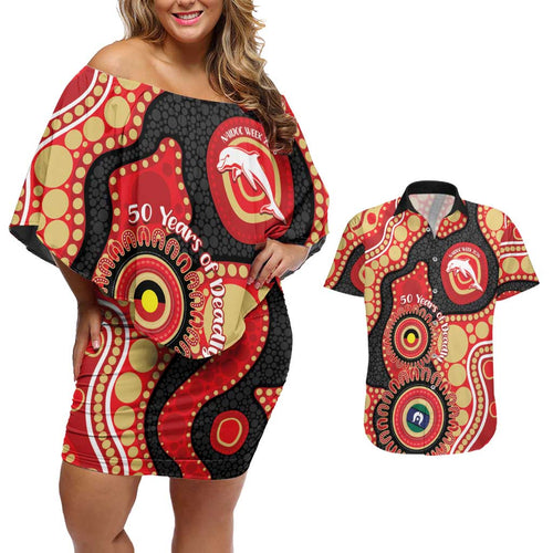 Dolphins NAIDOC Week 2026 Personalised Couples Matching Off Shoulder Short Dress and Hawaiian Shirt 50 Years of Deadly Aboriginal Art
