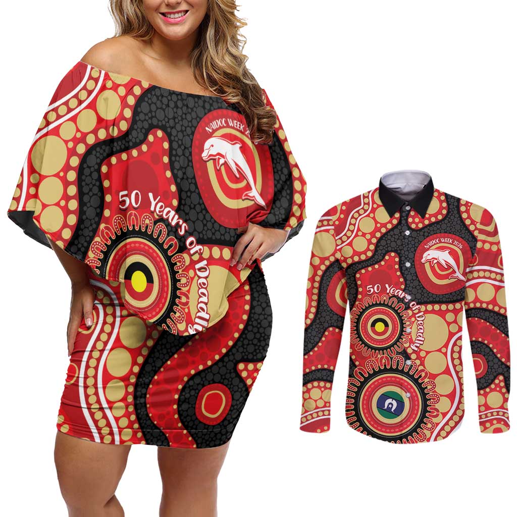 Dolphins NAIDOC Week 2026 Personalised Couples Matching Off Shoulder Short Dress and Long Sleeve Button Shirt 50 Years of Deadly Aboriginal Art