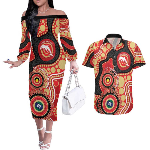 Dolphins NAIDOC Week 2026 Personalised Couples Matching Off The Shoulder Long Sleeve Dress and Hawaiian Shirt 50 Years of Deadly Aboriginal Art