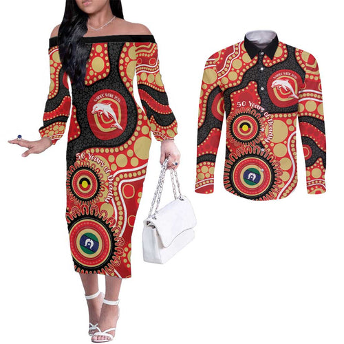 Dolphins NAIDOC Week 2026 Personalised Couples Matching Off The Shoulder Long Sleeve Dress and Long Sleeve Button Shirt 50 Years of Deadly Aboriginal Art
