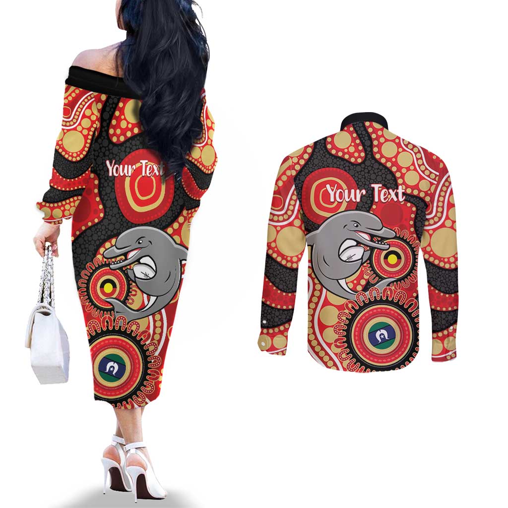 Dolphins NAIDOC Week 2026 Personalised Couples Matching Off The Shoulder Long Sleeve Dress and Long Sleeve Button Shirt 50 Years of Deadly Aboriginal Art