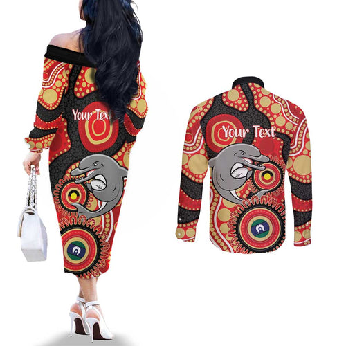 Dolphins NAIDOC Week 2026 Personalised Couples Matching Off The Shoulder Long Sleeve Dress and Long Sleeve Button Shirt 50 Years of Deadly Aboriginal Art