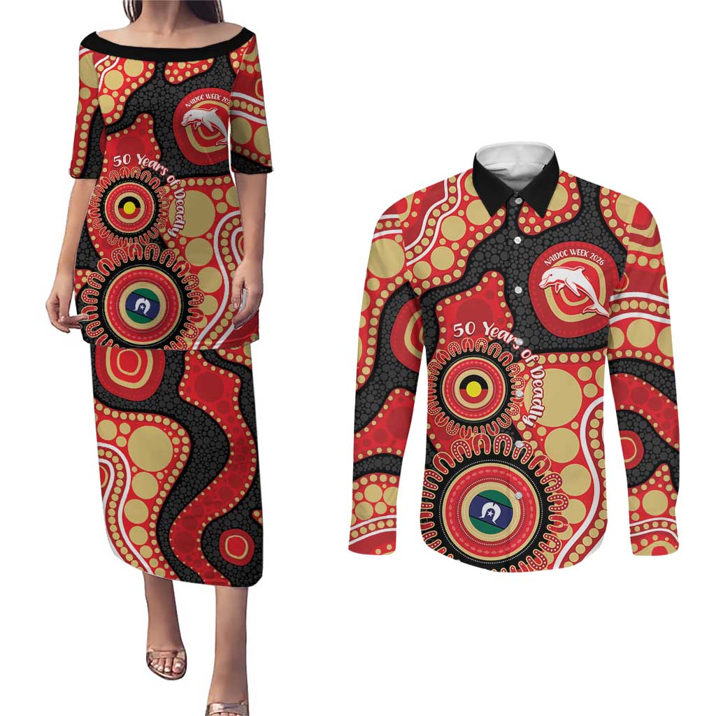 Dolphins NAIDOC Week 2026 Personalised Couples Matching Puletasi and Long Sleeve Button Shirt 50 Years of Deadly Aboriginal Art