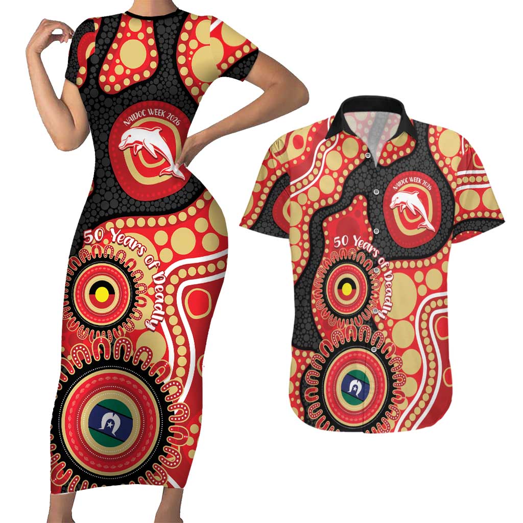 Dolphins NAIDOC Week 2026 Personalised Couples Matching Short Sleeve Bodycon Dress and Hawaiian Shirt 50 Years of Deadly Aboriginal Art