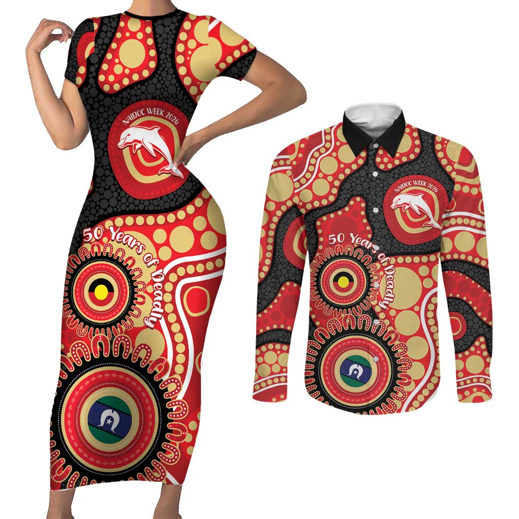 Dolphins NAIDOC Week 2026 Personalised Couples Matching Short Sleeve Bodycon Dress and Long Sleeve Button Shirt 50 Years of Deadly Aboriginal Art