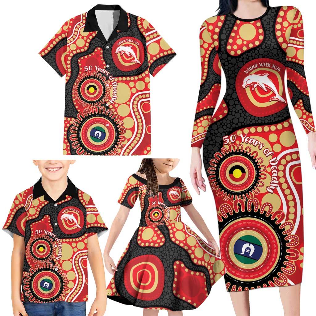 Dolphins NAIDOC Week 2026 Personalised Family Matching Long Sleeve Bodycon Dress and Hawaiian Shirt 50 Years of Deadly Aboriginal Art