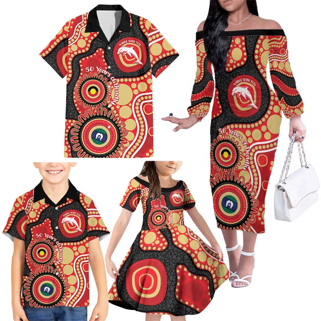 Dolphins NAIDOC Week 2026 Personalised Family Matching Off The Shoulder Long Sleeve Dress and Hawaiian Shirt 50 Years of Deadly Aboriginal Art